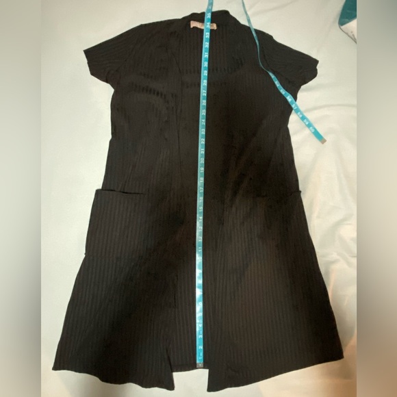 Short Sleeve, Long Open-Front Ribbed Cardigan, Black - Picture 4 of 4